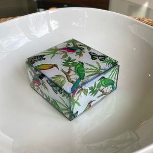 Pristine condition glass keepsake box with bright bird pattern